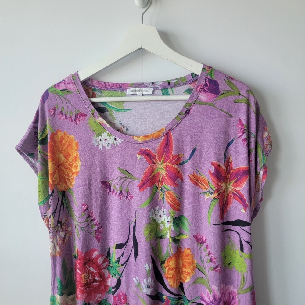 Johnny Was women's Floral Cap Sleeve top purple botanical print crew neck - Picture 3 of 8